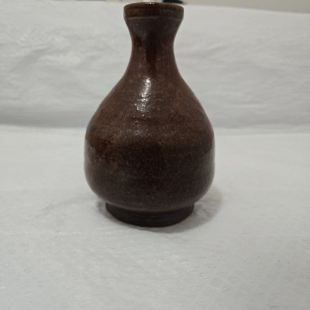 Signed GORA Studio Art Pottery Bud Vase Brown Green Glaze Handmade 5in
